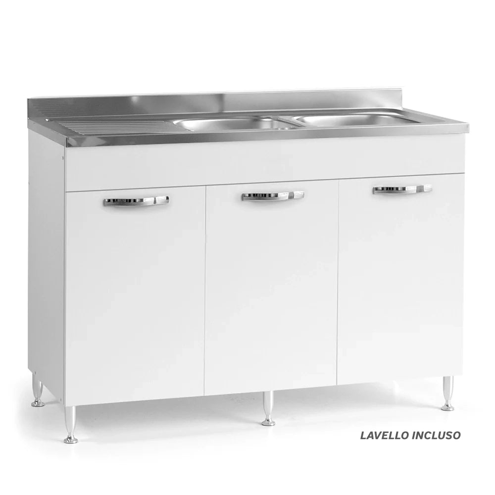 Sottolavello per cucina componibile da 120 cm con tre ante, con Lavello Vasca a Destra + Gocciolatoio, realizzata in legno 100% MADE IN ITALY colore Bianco Frassino