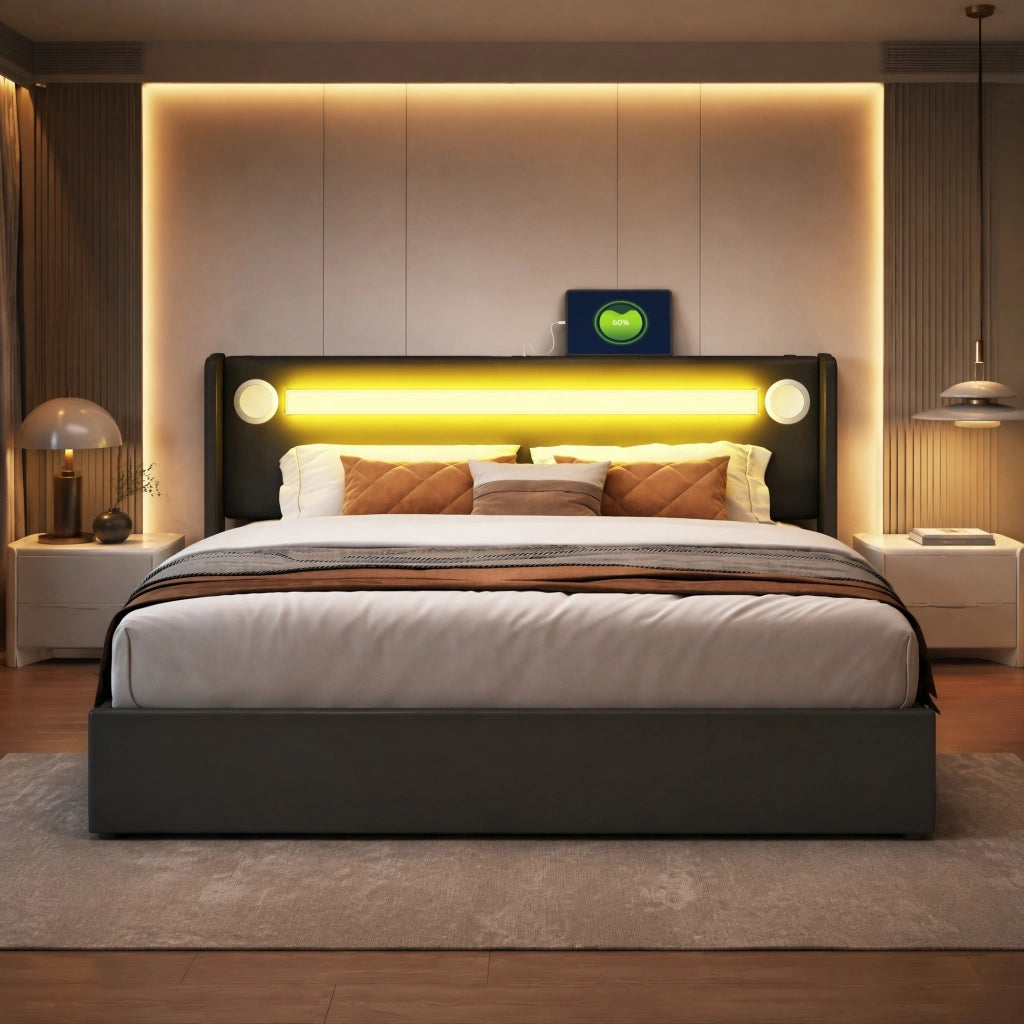 Letto matrimoniale contenitore 160x200 cm con LED; Bluetooth e 2 porte USB; rivestimento nero