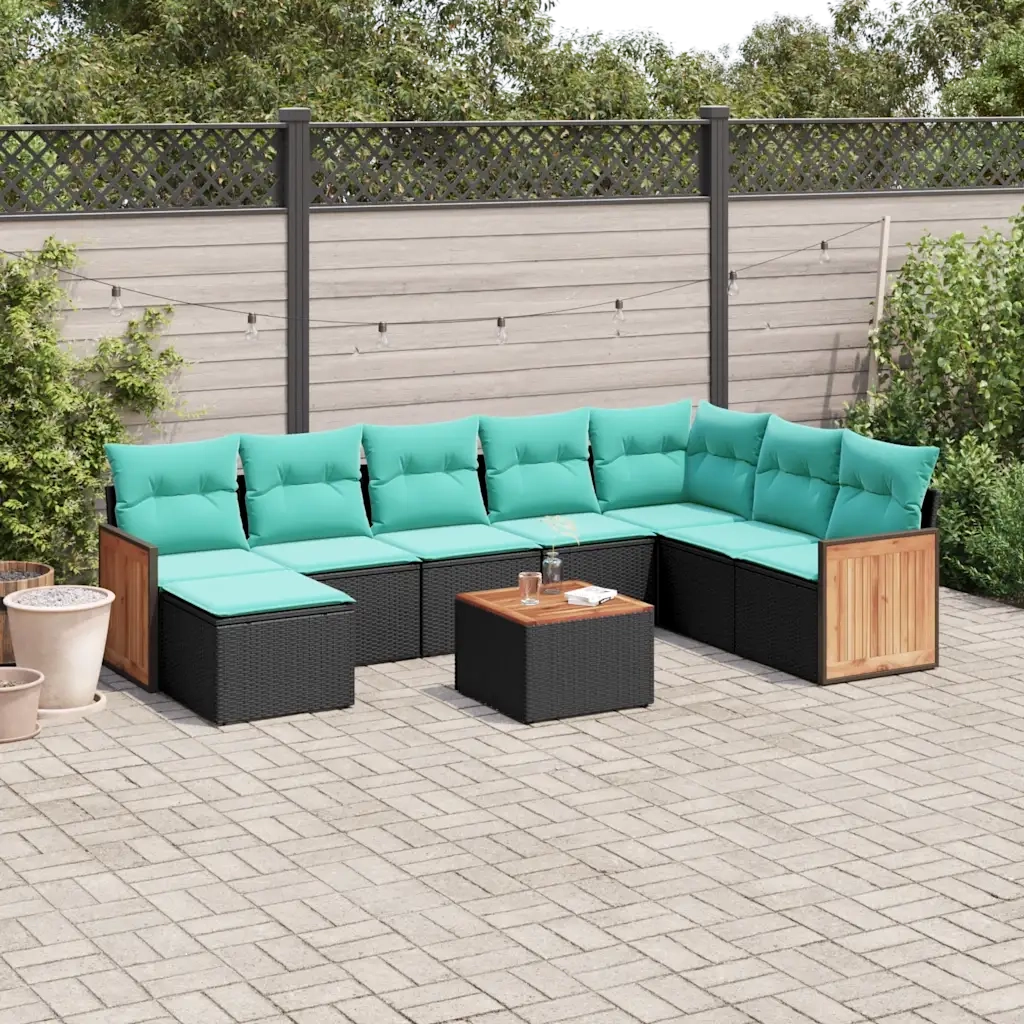 Set Divani da Giardino 9 pz con Cuscini Nero in Polyrattan 3227933