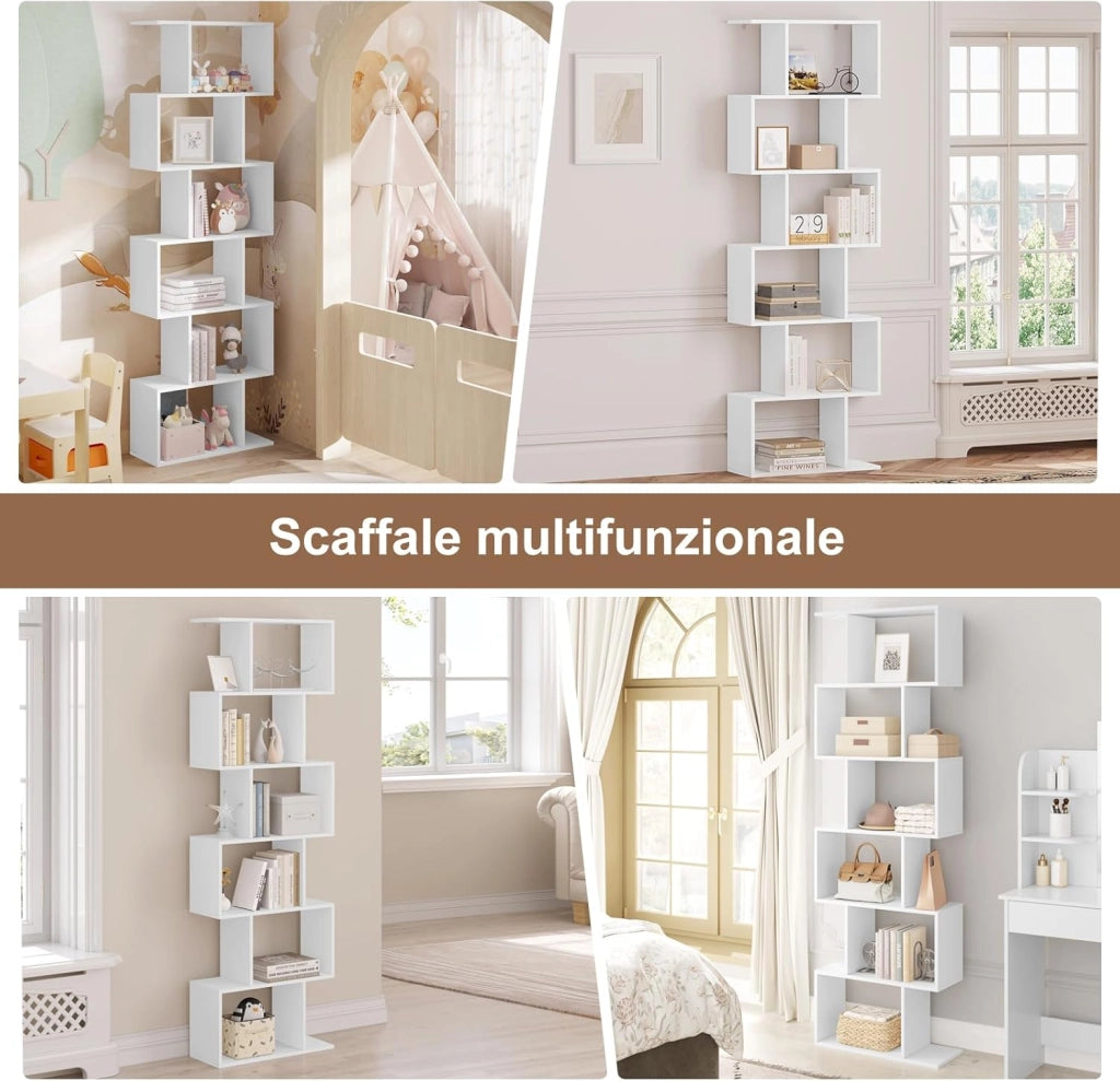 Libreria Verticale a 6 Livelli, 6 Scomparti a Giorno, Scaffale Salvaspazio Bianco, per Camera da Letto, Studio, Ufficio, Soggiorno, Forma di S, in Legno, SK044ws
