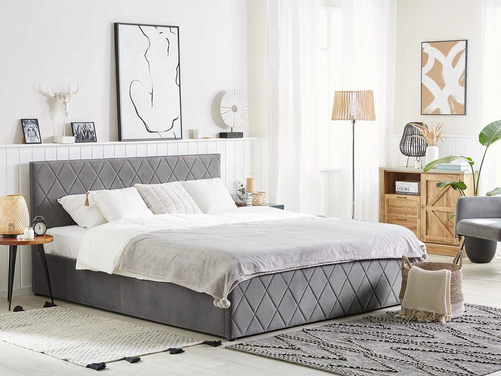Letto contenitore tappezzeria in velluto grigio matrimoniale 140 x 200 cm con testiera trapuntata a rombi con base a doghe