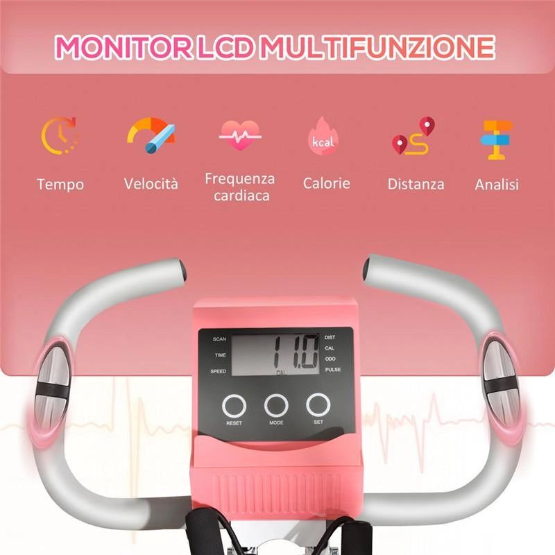 CYCLETTE PIEGHEVOLE 2 IN 1 RESISTENZA MAGNETICA REGOLABILE BICI DA FITNESS CON SENSORE DI FREQUENZA CARDIACA ELASTICI PER BRACCIA - ROSA