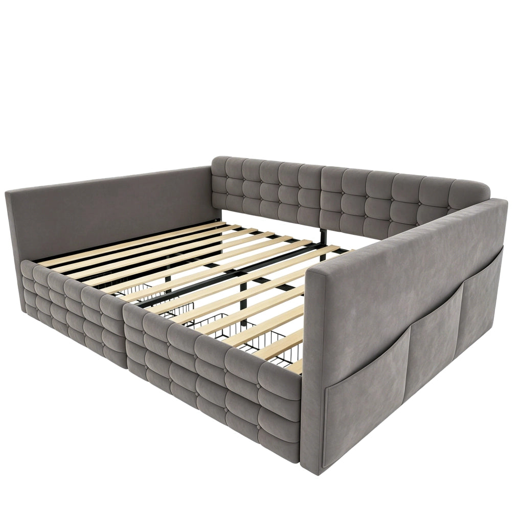 Letto imbottito 140x190 cm in velluto grigio con cassetti e tasche laterali