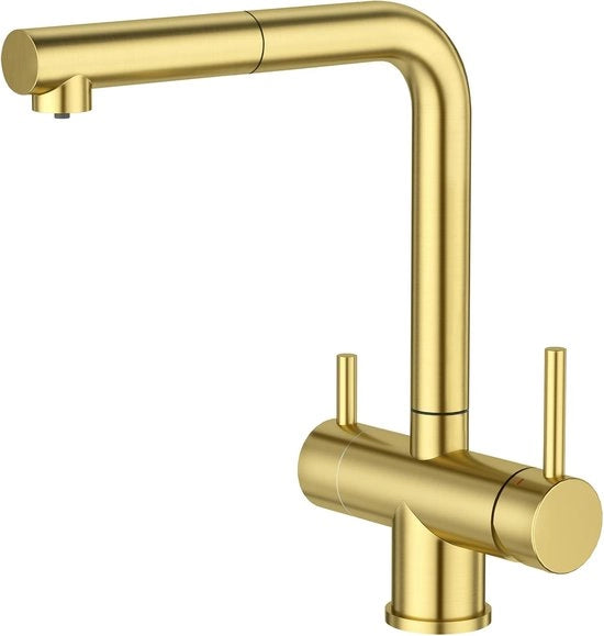 Faucetta da cucina a 3 vie con doccia, maniglia da cucina girabile 360°, miscelatore a 3 vie, rubinetto per acqua potabile con 2 maniglie, rubinetto da lavabo 3 in 1, modello G.