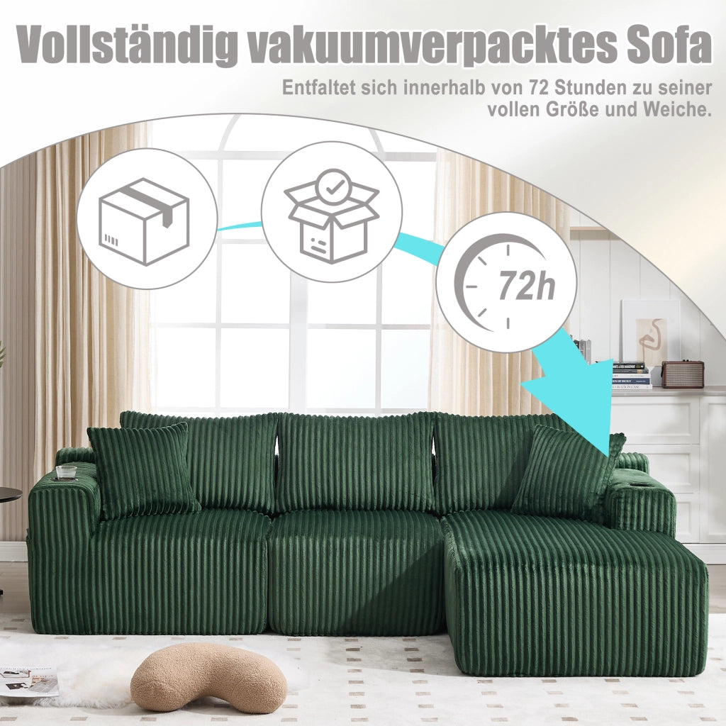 Divano modulare con chaise longue e 2 posti in velluto a coste con 5 cuscini e tasche laterali verde smeraldo