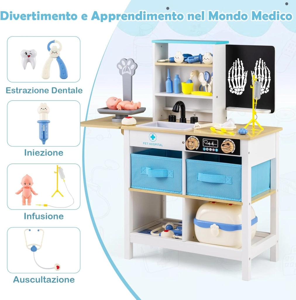 Kit Medico Giocattolo in Legno, Centro Veterinario Pieghevole con Bilancia Animali e 22 Accessori, Gioco Educativo Simulazione Dottore, Regalo per Bambini 3-6 Anni (Bianco)
