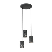 Sospensione 3 Luci Venere Con Base Tonda In Acciaio Nero E Cilindri