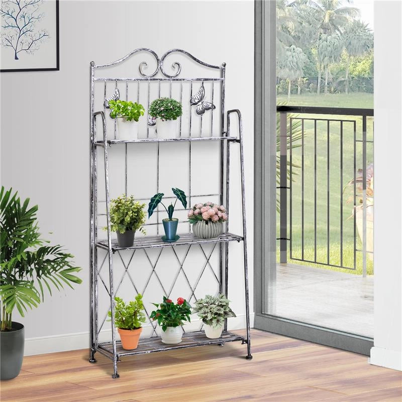 FIORIERA SCAFFALE CON FARFALLE E 3 RIPIANI  44 X 25 X 96 CM  COLOR GRIGIO ARGENTO