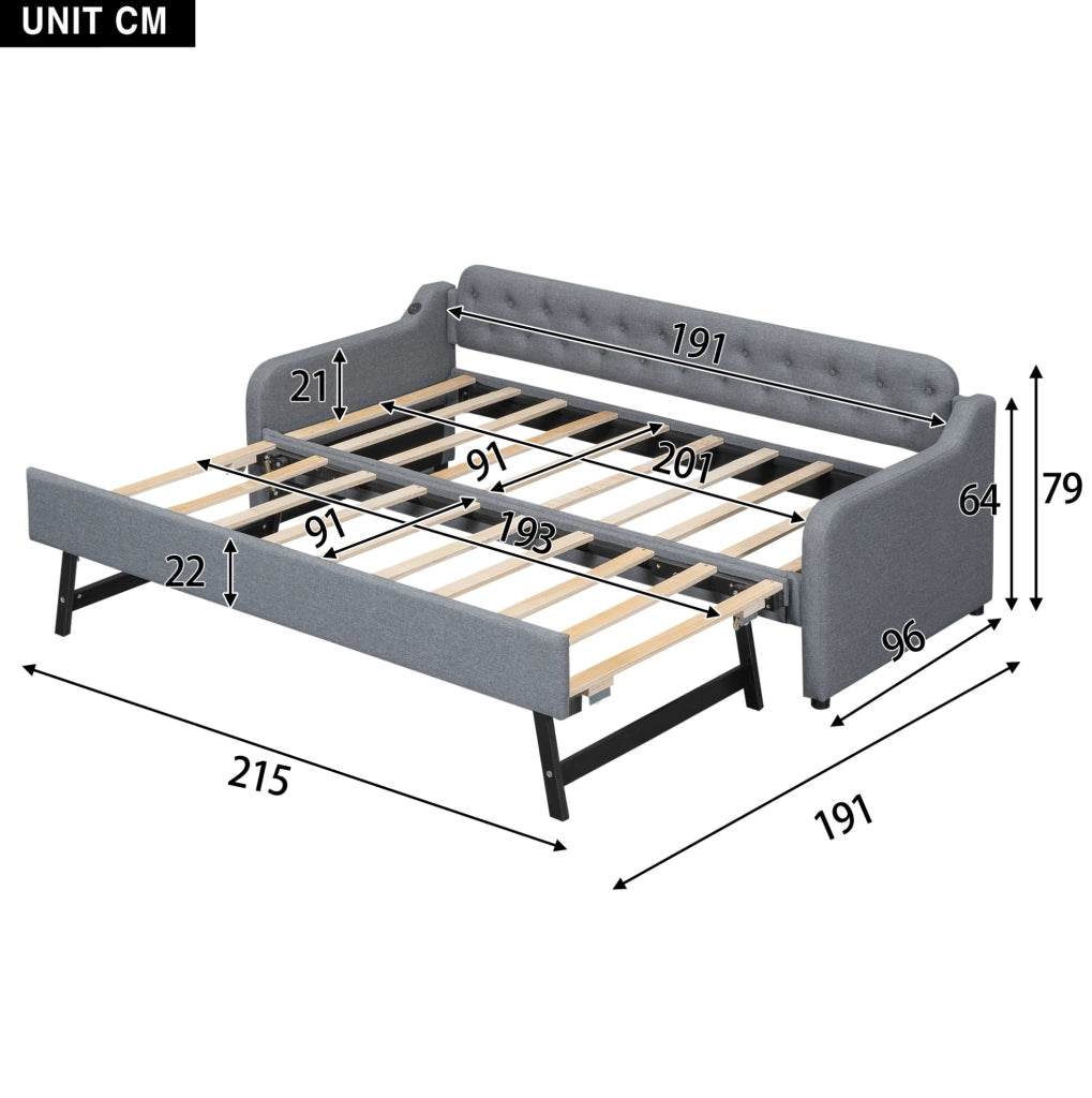Divano letto con letto estraibile 90x200 cm; USB; in lino grigio