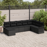 Set da giardino con 8 pezzi e cuscini neri in rattan