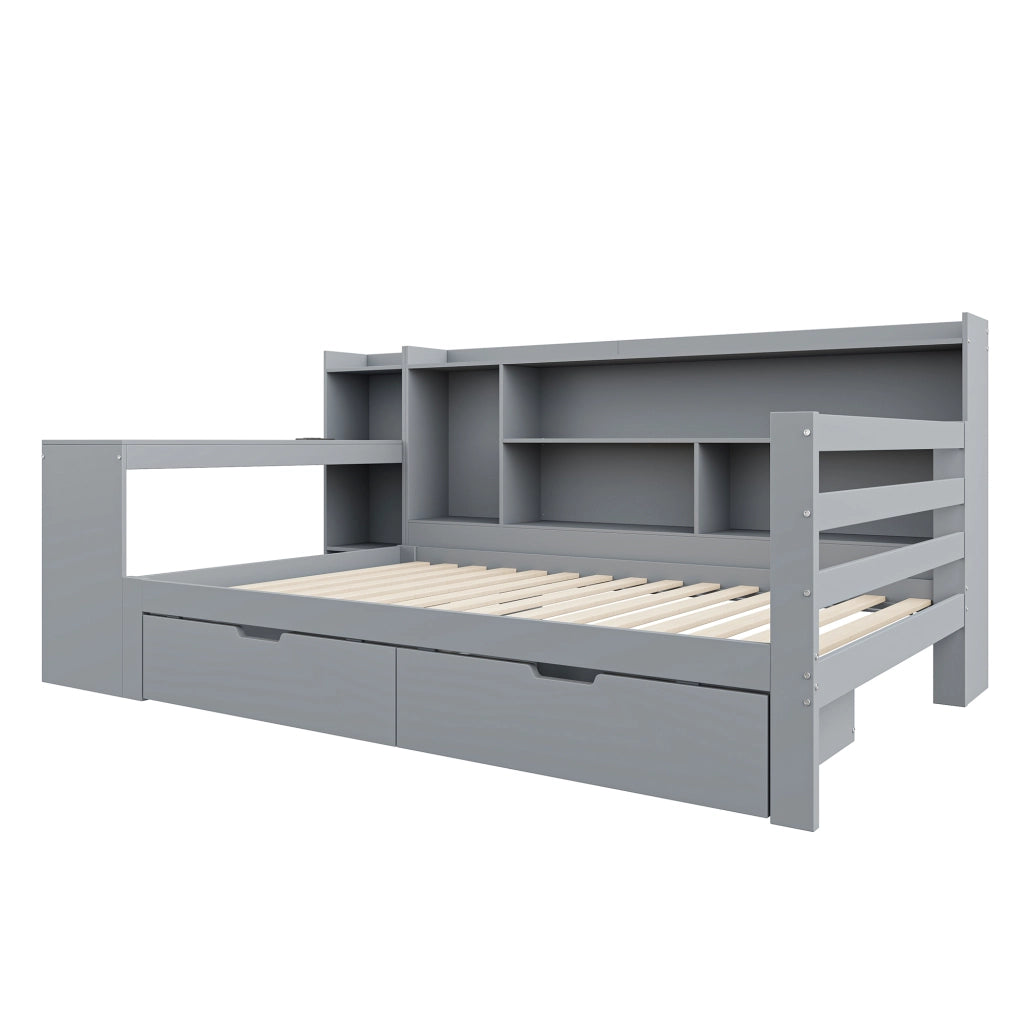 LETTO Multifunzionale 90x200 cm in legno grigio con scrivania, ripiani e cassetti