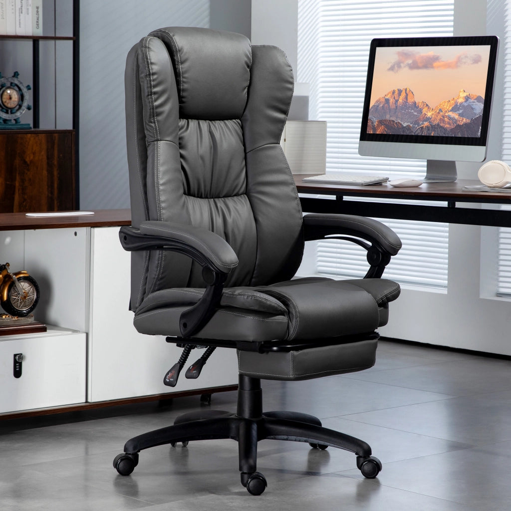 Sedia ufficio girevole con massaggio, schienale reclinabile e poggiapiedi in pelle sintetica grigio scuro 68,5 × 68,5 × 113-121 cm