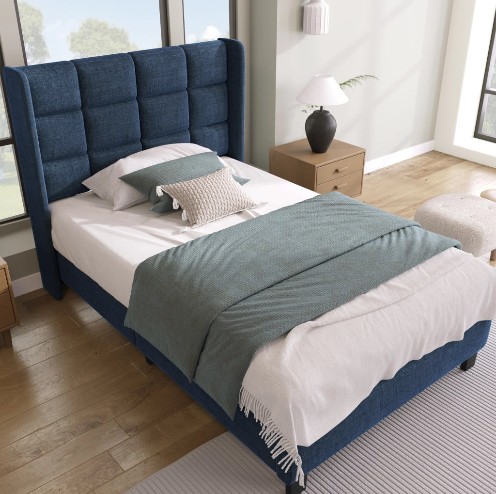 Letto imbottito singolo 90x200 cm blu in lino con rete a doghe