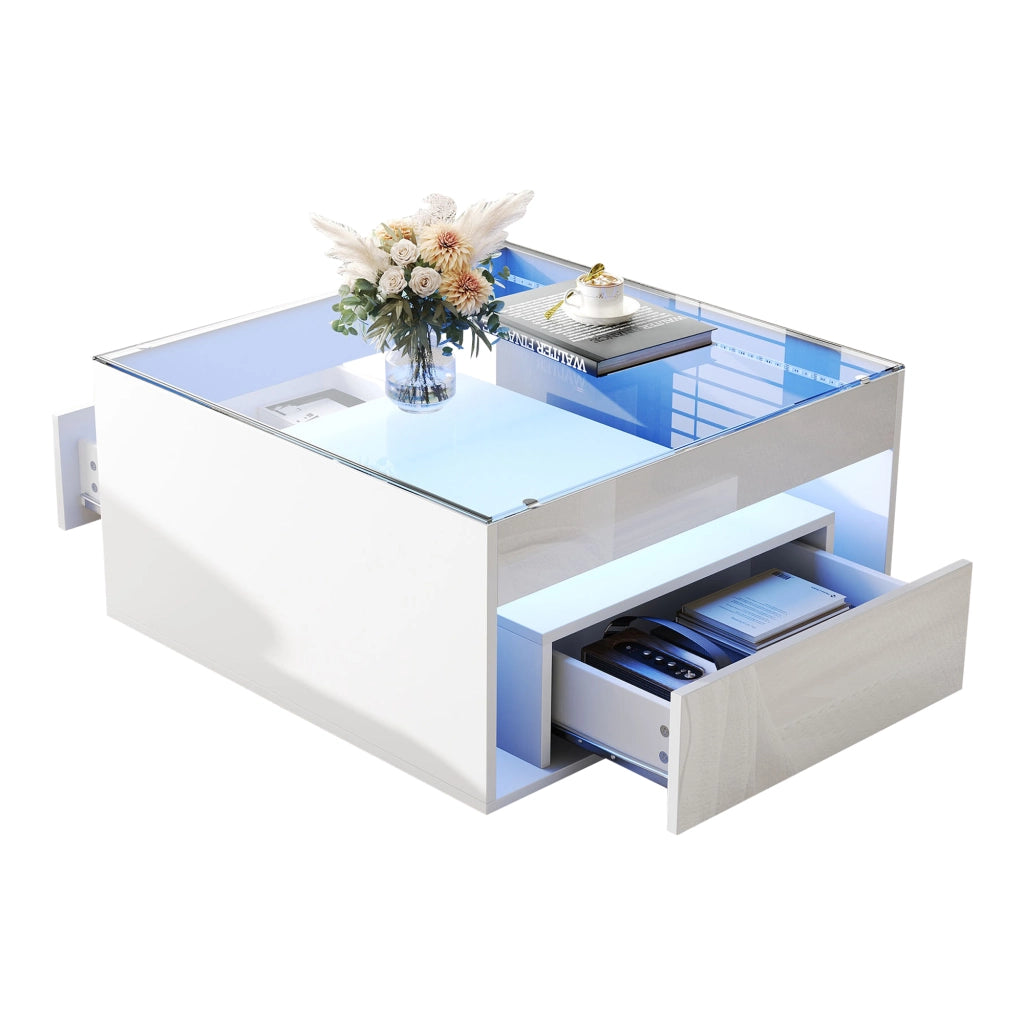 TAVOLINO DA CAFFÈ 70x70x35 cm Bianco in MDF e vetro temperato con LED