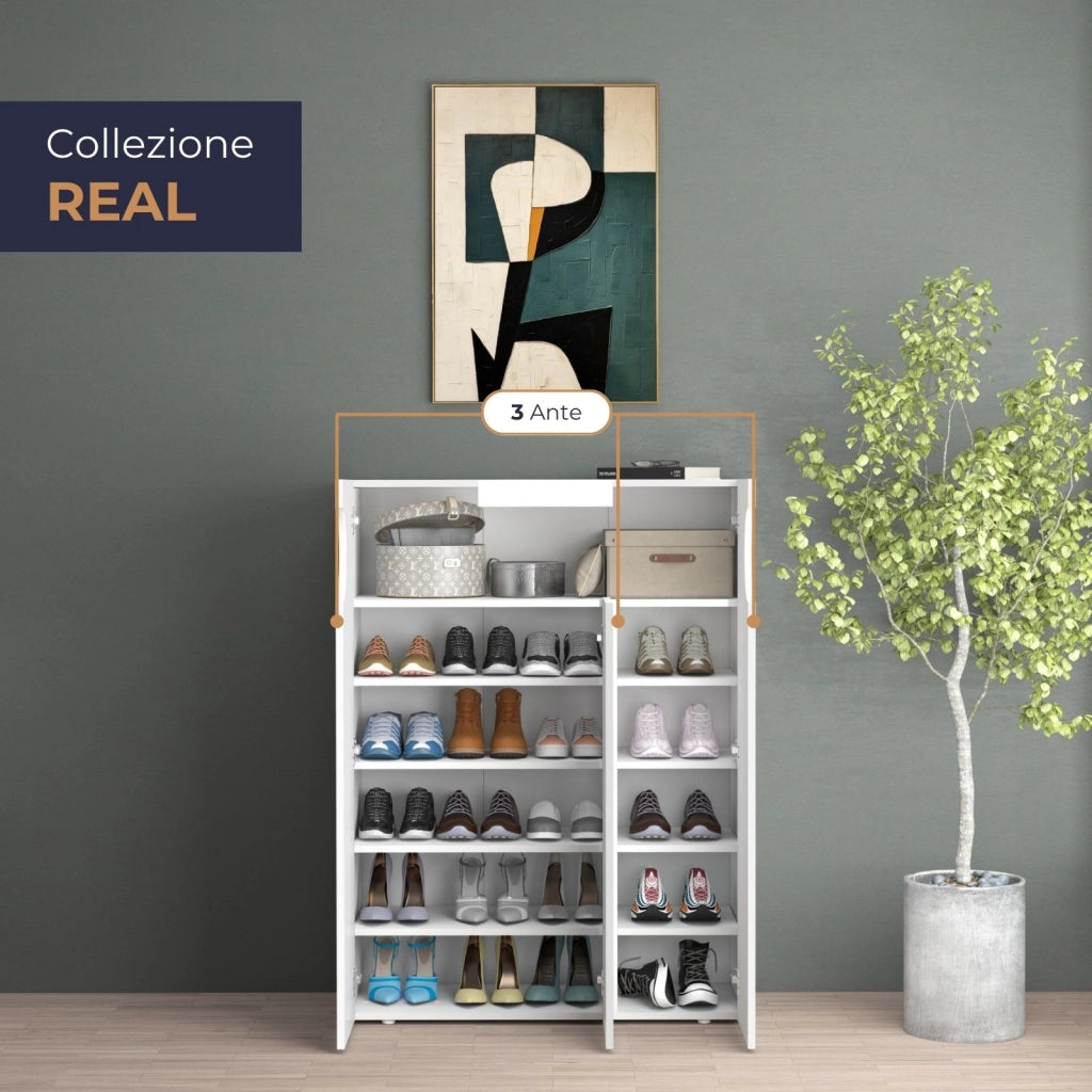 WHOUS Armadio portascarpe REAL a 3 ante e 11 ripiani bianco lucido 90x38x120 cm