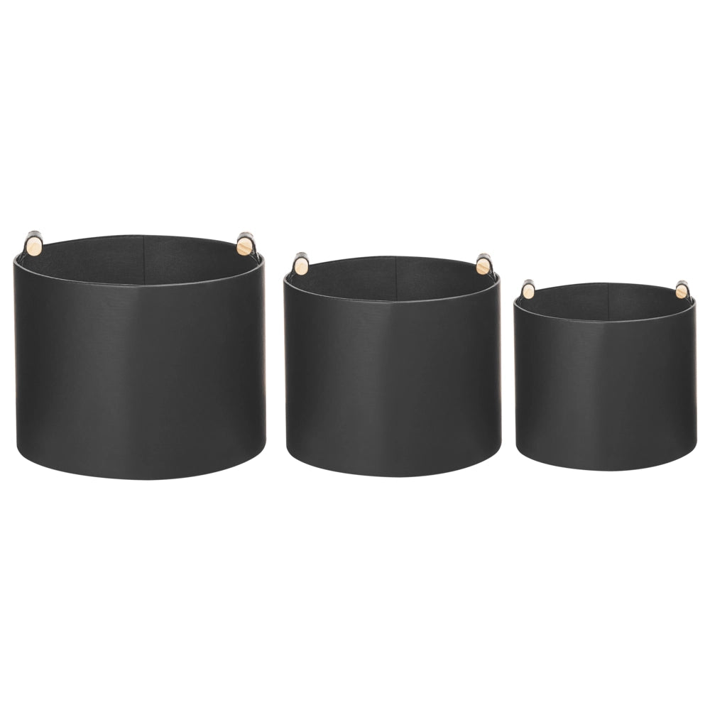 Set di 3 cesti portaoggetti fatti a mano con manici in ecopelle nero