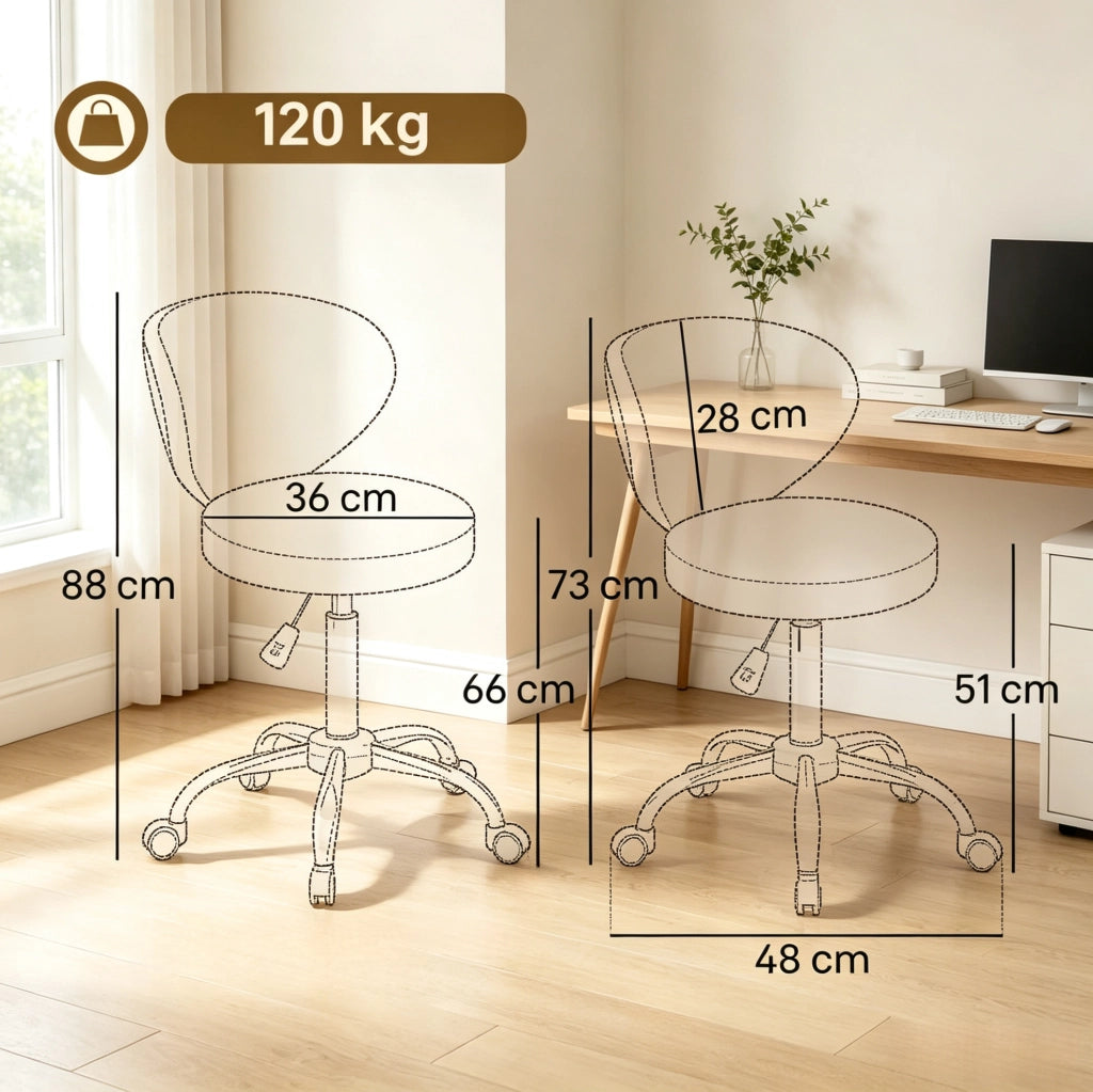 Sgabello girevole ULEVR con schienale, altezza regolabile 51-66 cm, ruote in PU, grigio e argento
