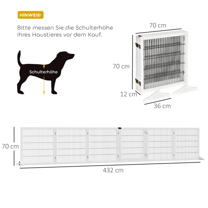 Barriera di protezione per cani pieghevole in legno e acciaio, 432 x 70 cm, bianca
