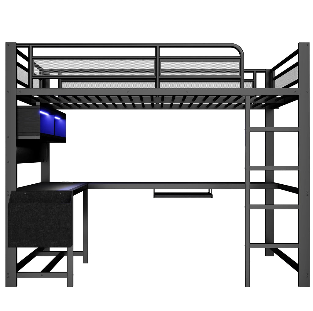 Letto a soppalco 140x200 cm con scrivania, LED, ripiani e stazione di ricarica
