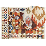 Tappeto Kilim multicolore in lana e cotone 160 x 230 cm Fatto a mano con motivo patchwork Boho e frange.