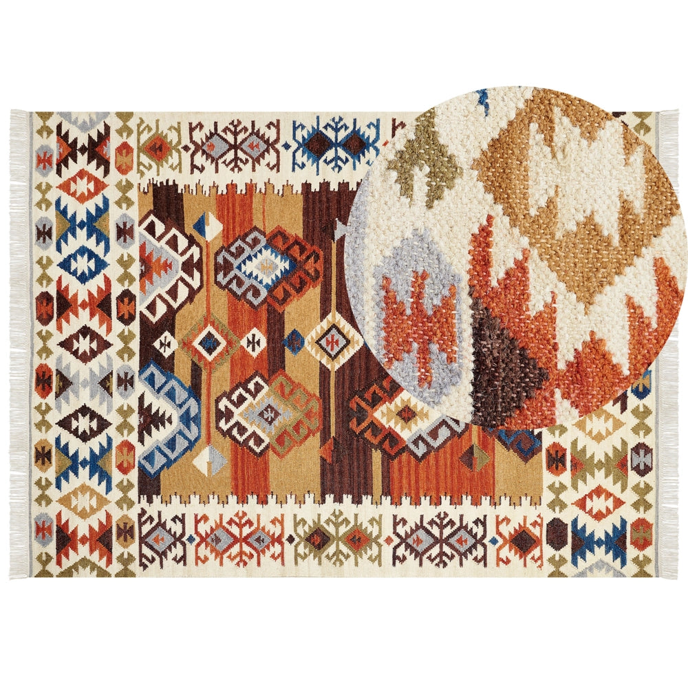 Tappeto Kilim multicolore in lana e cotone 160 x 230 cm Fatto a mano con motivo patchwork Boho e frange.