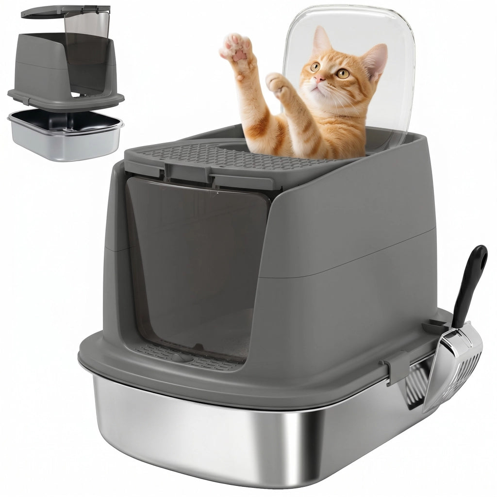 Lettiera per Gatti Chiusa in Acciaio Inox ¨C Xylo ¨C con Paletta Metallica e Sacchetti Deodoranti, Grigio Scuro