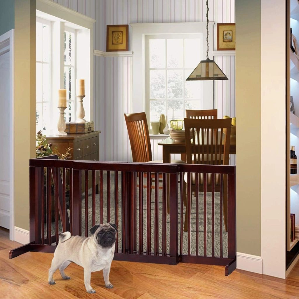 Cancelletto per Cani Regolabile in Legno Massello, con Base Larga e 3 Ante, Ideale per Cani di Piccola/Media Taglia (140-203) x 9,5 x 56 cm, Marrone