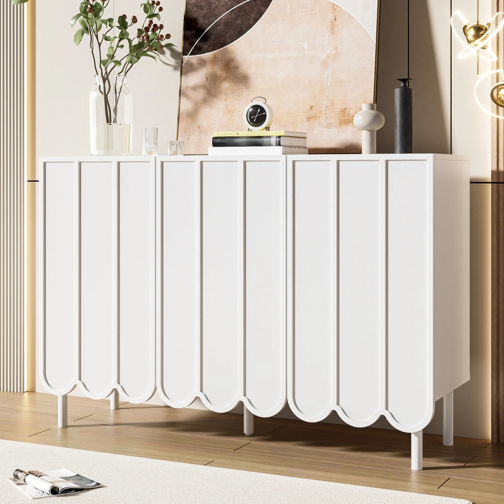 Credenza con 2 ante e ripiani regolabili, ante ondulate, per soggiorno e ingresso, bianco, 120 × 35 × 80 cm