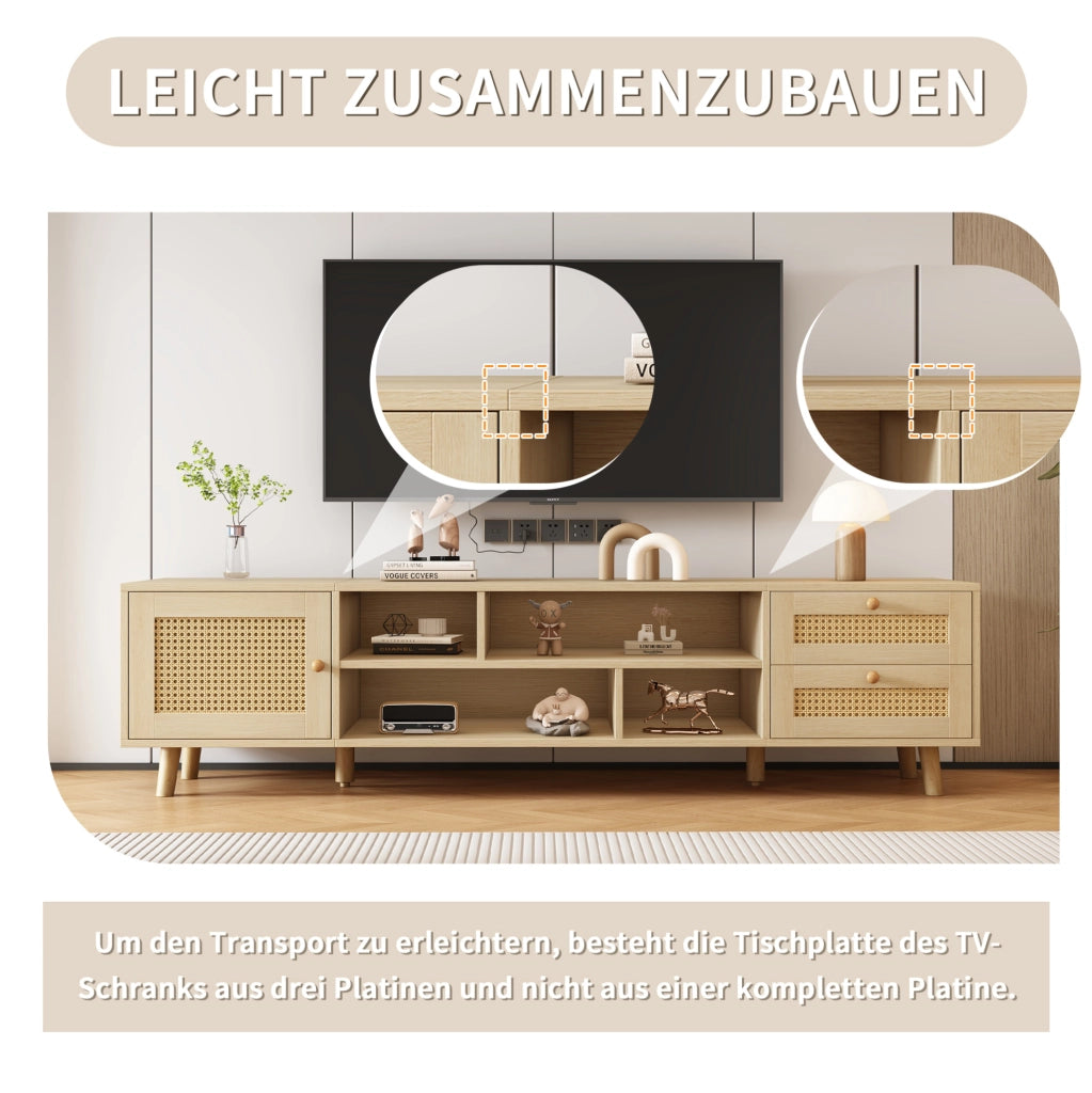 Mobile TV 160 cm effetto rovere con rattan, 2 cassetti e anta