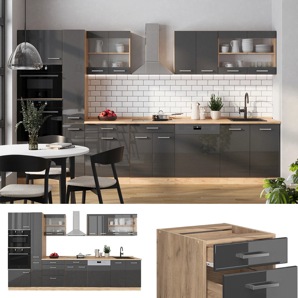 Vicco Cucina componibile Antracite lucido/oro power oak 350 cm con armadio alto, senza piano di lavoro