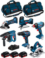BOSCH Kit 18V BK601BAG (GDX 18V-180 + GSR 18V-55 + GKS 18 V-LI + GST 18 V-LI S + GBH 18V-21 + GWS 18-125 V-LI + 3 Batterie di 4,0 Ah + Caricabatterie + 2 Borse)