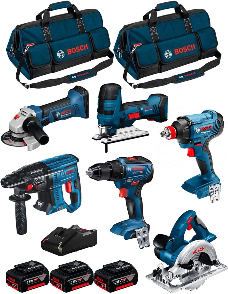 BOSCH Kit 18V BK601BAG (GDX 18V-180 + GSR 18V-55 + GKS 18 V-LI + GST 18 V-LI S + GBH 18V-21 + GWS 18-125 V-LI + 3 Batterie di 4,0 Ah + Caricabatterie + 2 Borse)
