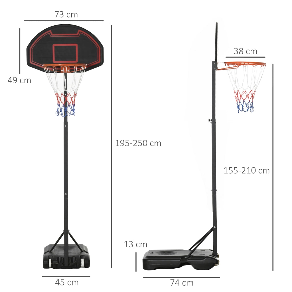 Canestro da basket regolabile con supporto, ruote e struttura in acciaio, nero