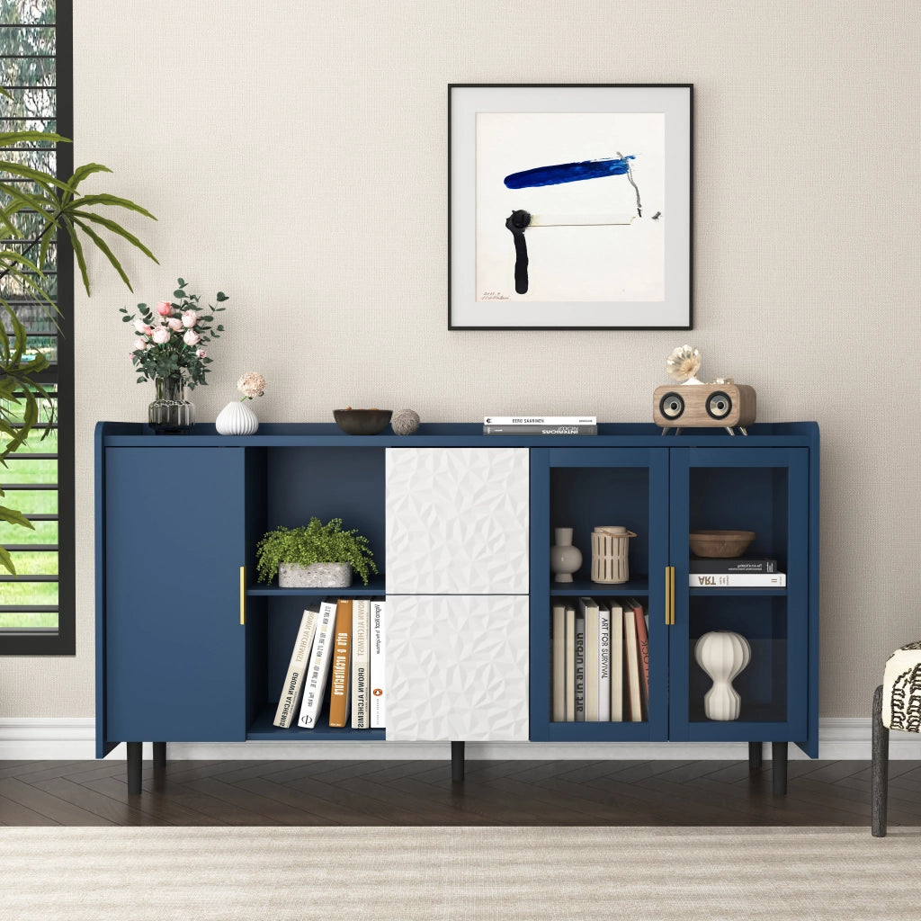 Buffet da Cucina con Vetro e Cassetti ¨C Xylo ¨C Legno Blu, 2 Ante, 55 Pollici