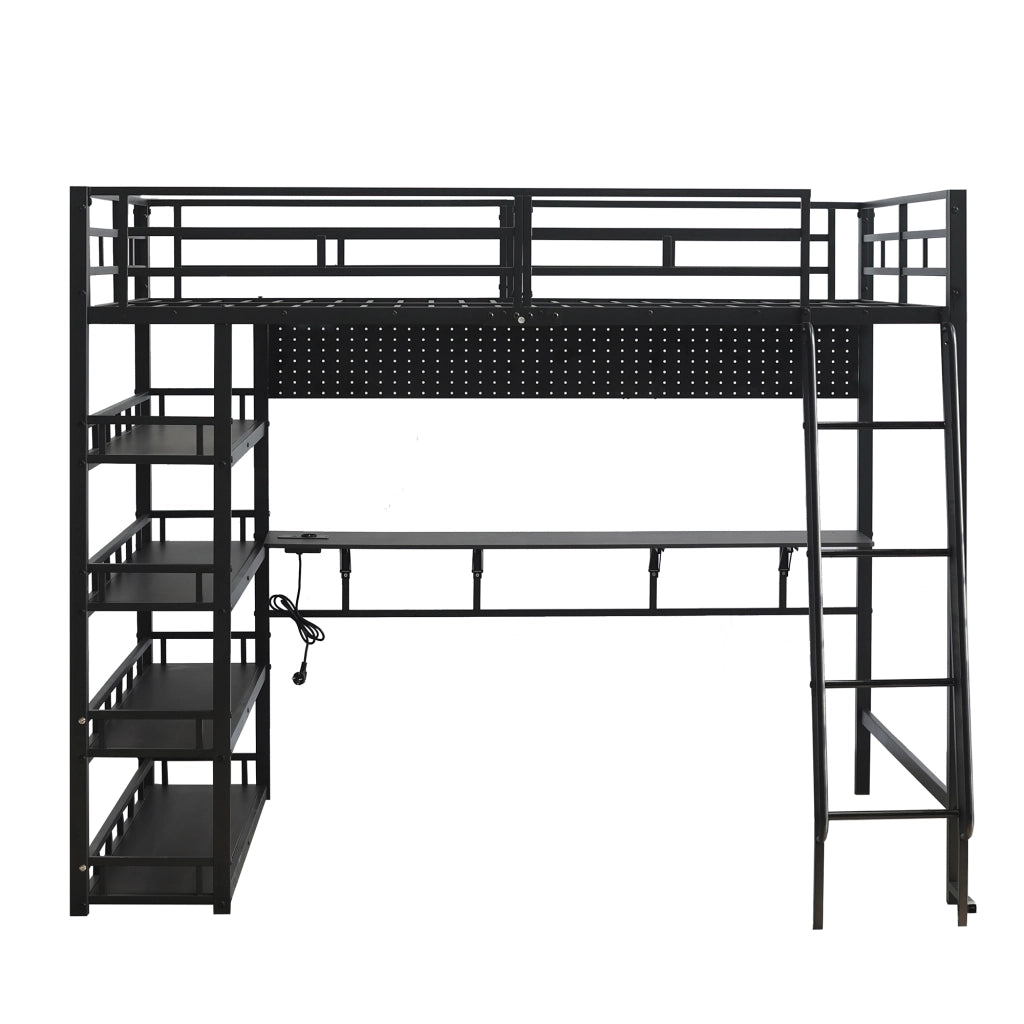 OKWISH Letto a soppalco 140×200 cm, Letto Matrimoniale con Mensole, Porta di Ricarica e Scala Inclinata, senza Materasso, Nero