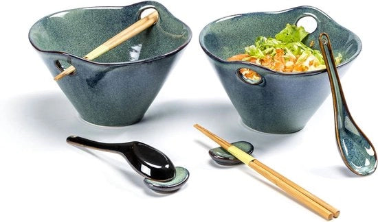 Set di spiedini da cucina - Ramenkom ceramico - cucchiaio giapponese e supporto cucchiaio - 2 persone - servizio da tavola asiatico - lavastoviglie e forno a microonde