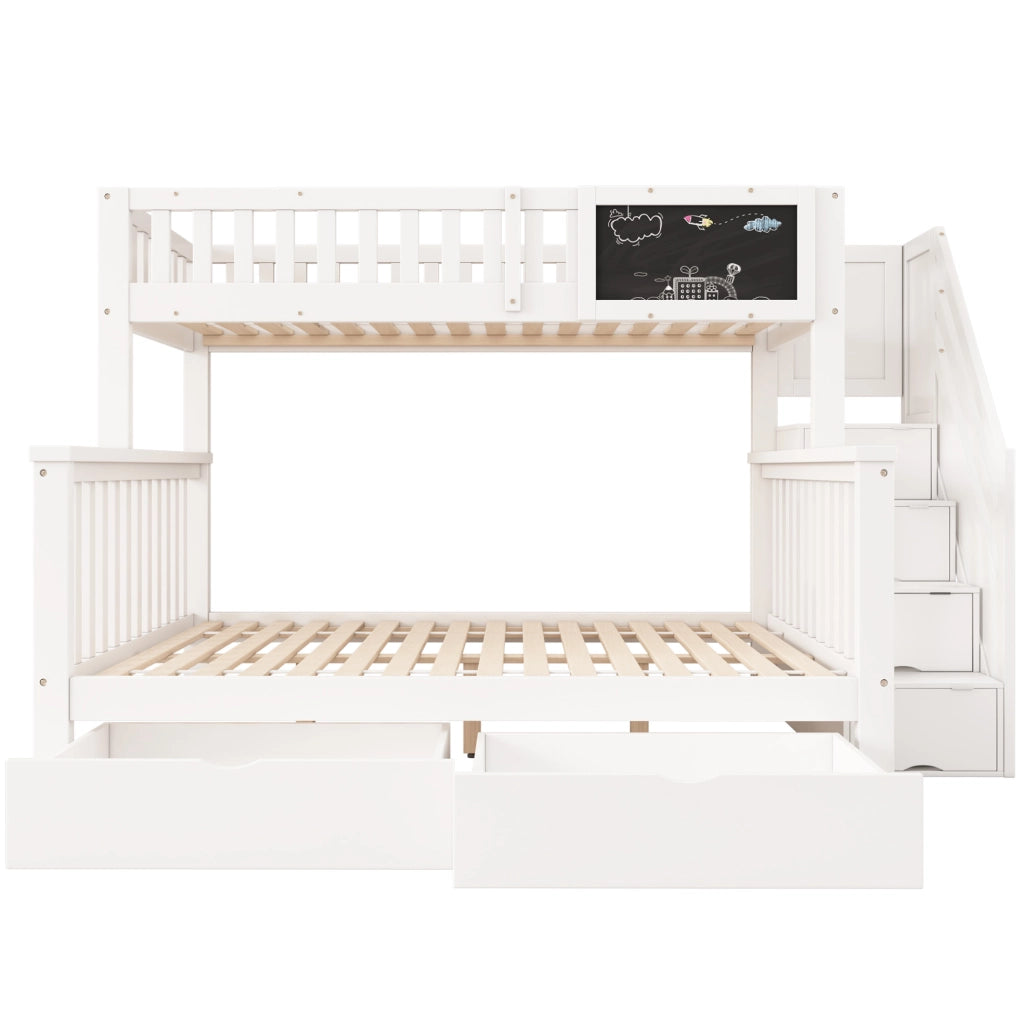Letto a castello 90x200 e 140x200 cm con lavagna e cassetti in legno bianco