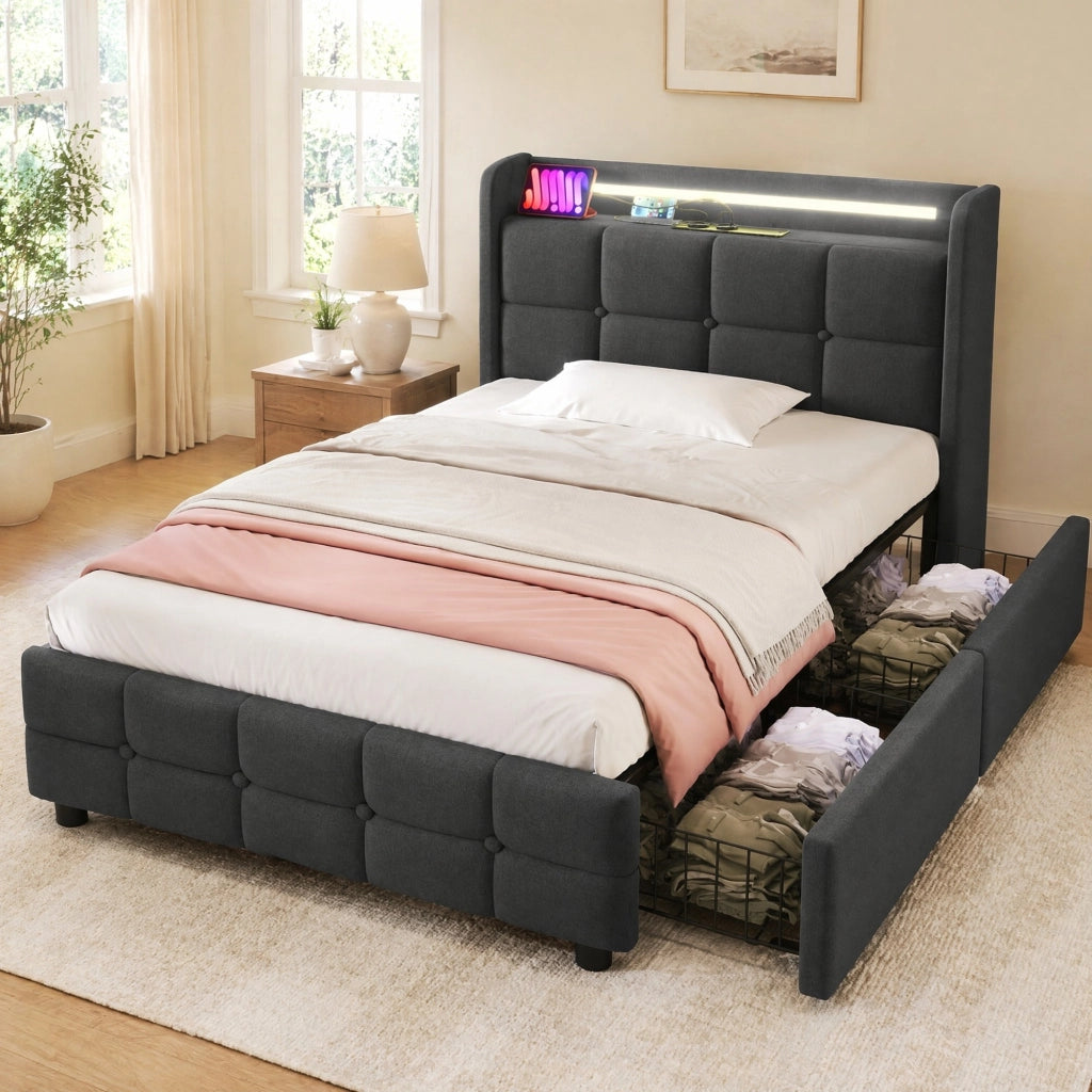 Letto singolo 90x200 cm con LED, prese USB, 2 cassetti e struttura salvaspazio, senza materasso