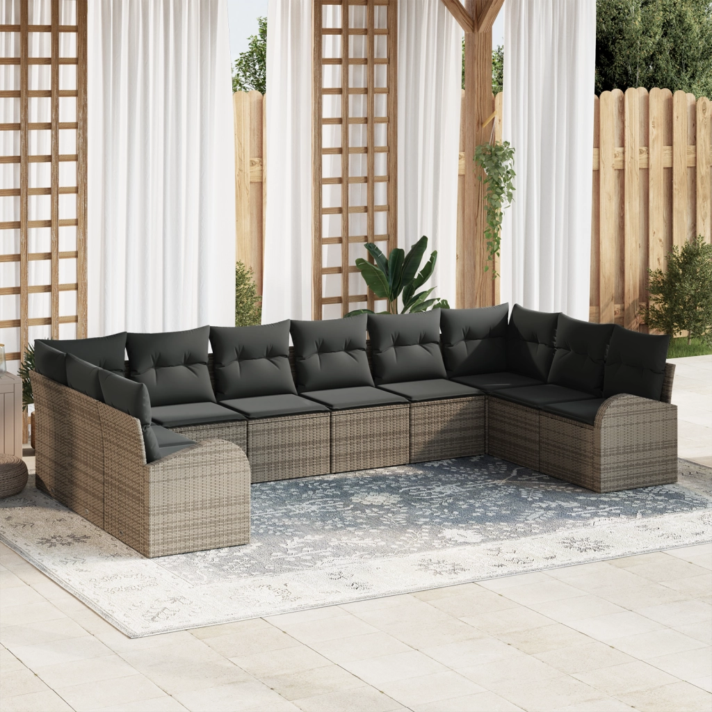 Set divano da giardino  10 pezzi con cuscini grigi in polyrattan