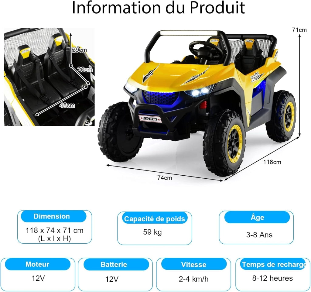 Macchina Elettrica Per Bambini 2 Posti, con Multimedia e Telecomando 2,4G per Genitori, Autonomia 60-120 Min, Carico Max 59 KG, Macchina Elettrica per Bambini da 3 a 8 Anni (Giallo)