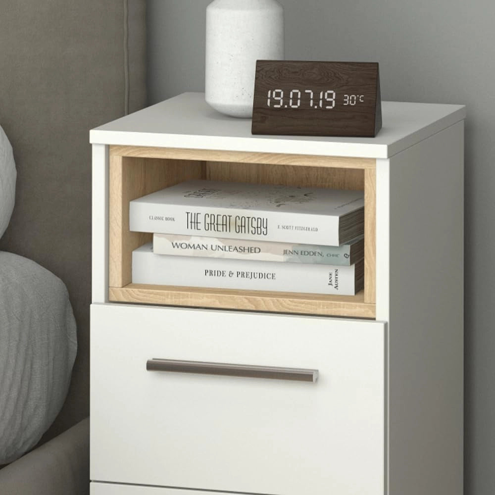 Comodini camera da letto Beatrice, Bianco, Set di 2, per riporre oggetti in modo salvaspazio accanto al letto