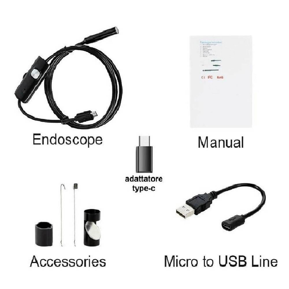 Trade Shop - Telecamera Endoscopica 5 Mt Type-c Usb Mini Usb F Flessibile Impermeabile 6 Led -
