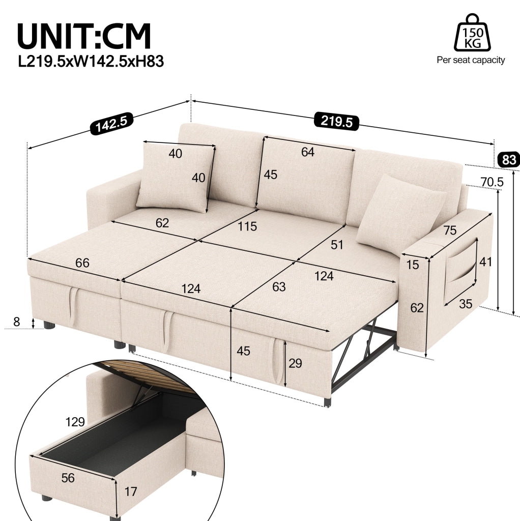 Divano letto angolare con chaise longue reversibile; contenitore e 2 cuscini; beige; 219;5 x 142;5 x 83 cm