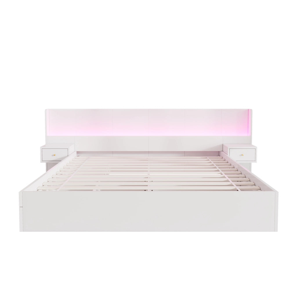 Letto Matrimoniale 180x200 cm; 2 Posti - USB; Presa; LED via app; 2 Cassetti - MDF - Bianco