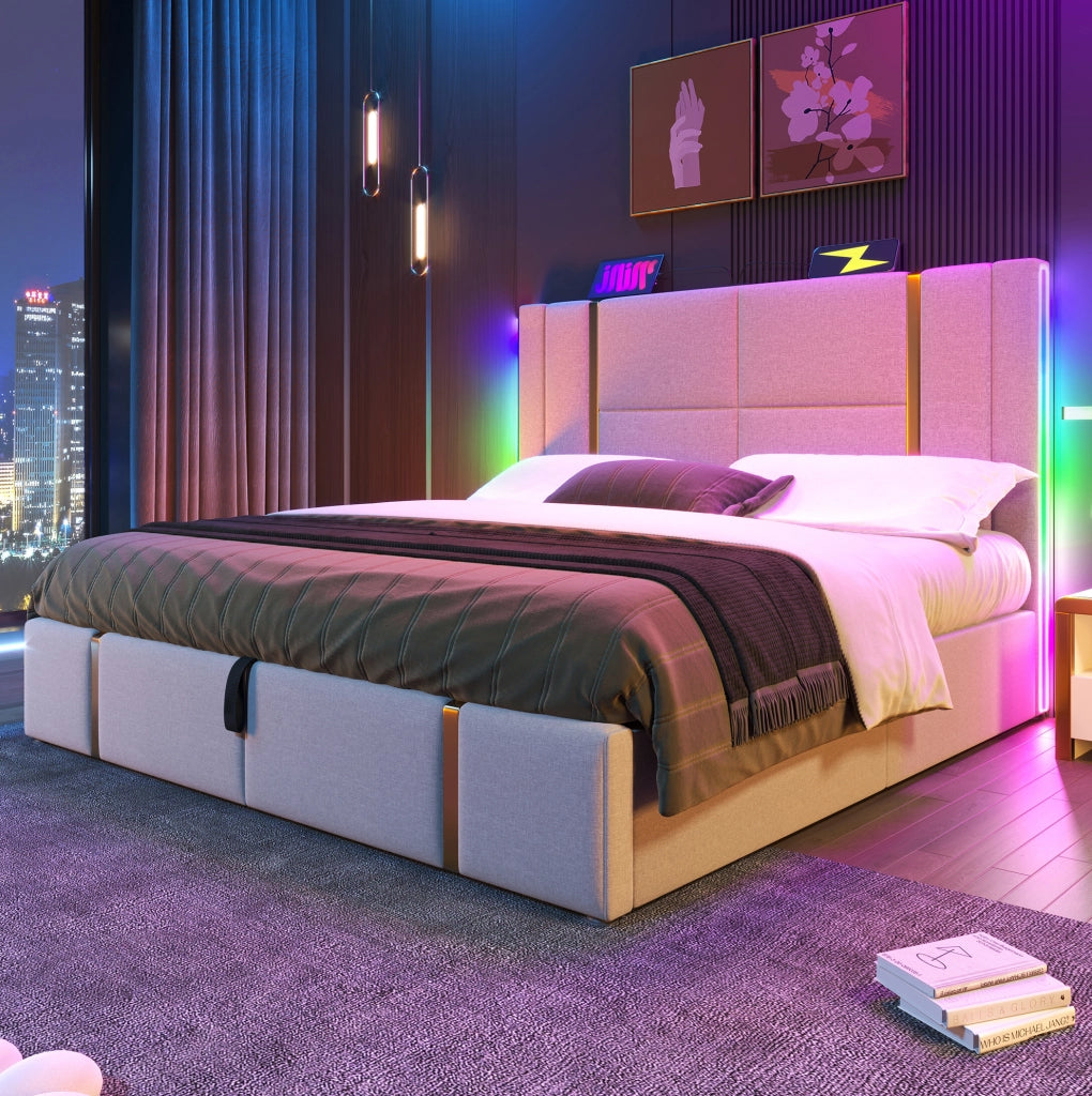 Letto imbottito matrimoniale con contenitore; LED RGB; USB e Type-C; 180x200 cm; beige