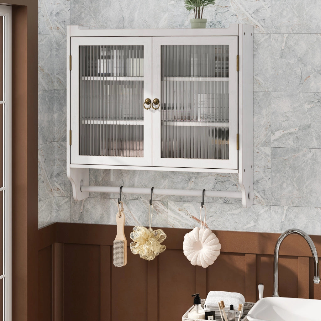 Pensile con 2 Ante; 3 Ripiani e Portasciugamani per Bagno in Legno; 63 × 18 × 60 cm; Bianco Decapato