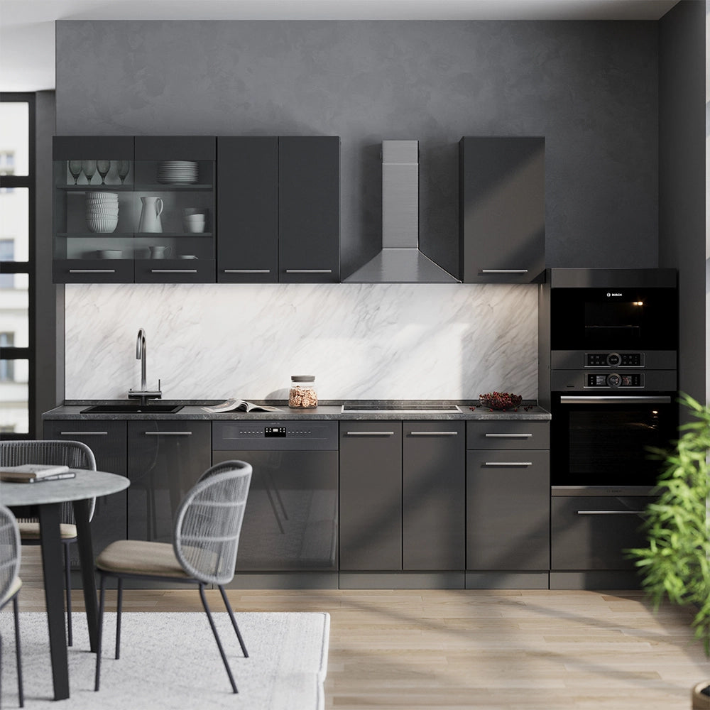 Vicco Cucina componibile Antracite lucido 300 cm con armadio alto, senza piano di lavoro
