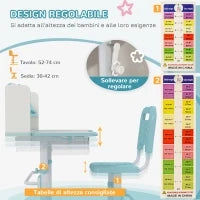 Set Scrivania per Bambini con Sedia Regolabile in Altezza e Piano Inclinabile, Età 6-12 Anni, Blu