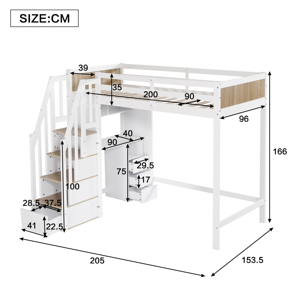 Letto a castello 90x200 cm con scrivania, cassetti e scala contenitore