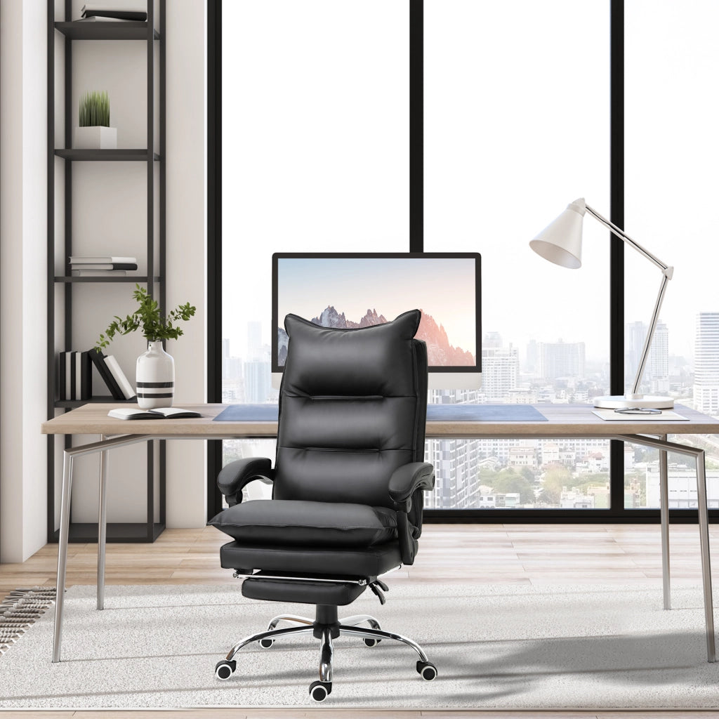 Sedia Ufficio Ergonomica Reclinabile 155¡ã con Poggiapiedi, Sedia Scrivania in Finta Pelle Facile da Pulire, Braccioli Imbottiti, Girevole e Altezza Regolabile, Nero